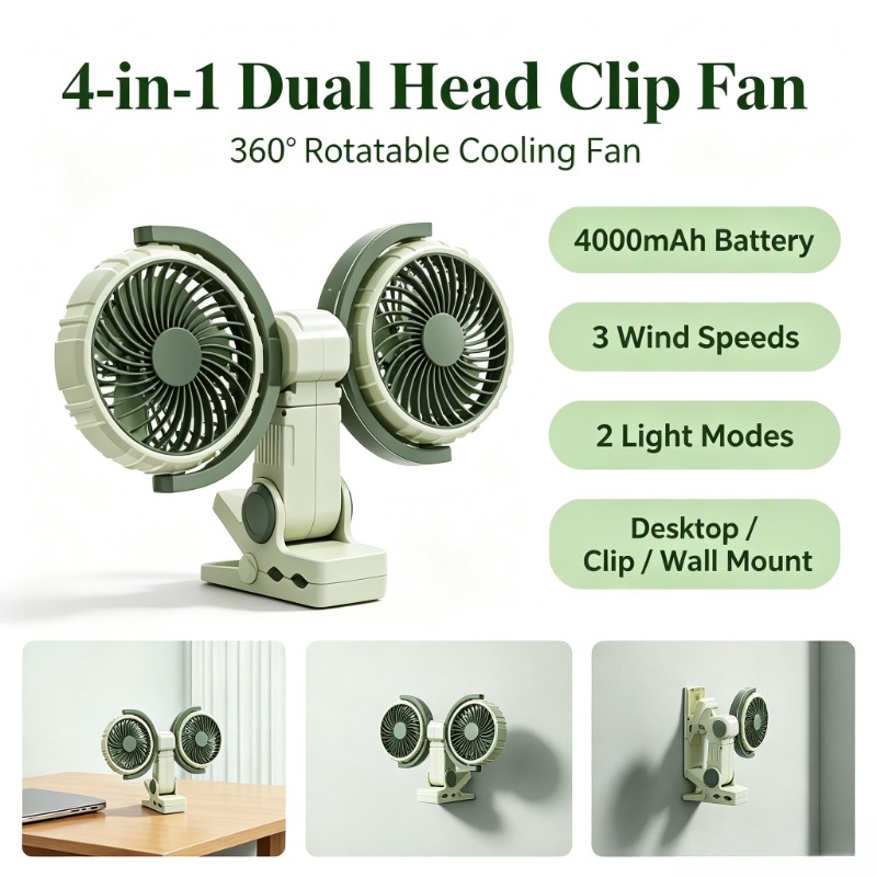 Oscillating Fan Clip - Вентилятор с двумя головками, 360° °
